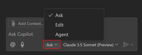 Screenshot of VS Code Copilot Chat view, showing the Ask mode dropdown.